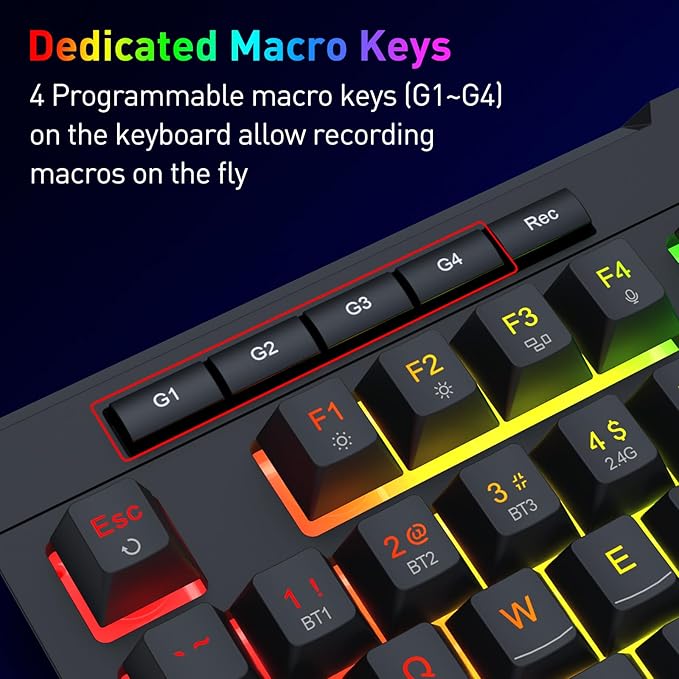 Redragon K525 PRO RGB 3-Mode Wireless Membrane Gaming Keyboard with Multimedia Keys Linear Mechanical-Feel Switch 4 Extra On-Board Macro Keys Dedicated Media Control Ergonomic Wrist Rest