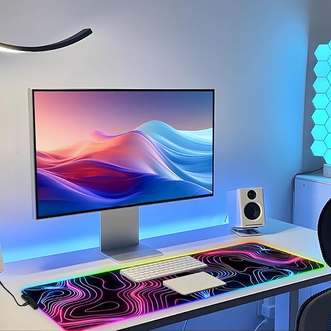 RGB Mousepad LED Desk Mat Gaming Large Keyboard Cute Desktop Computer Laptop 14 Light XXL Long Giant Big Cool Modern Design Unique for Men Boys Gamer Oversized Wide 30x12'' Mousepad Topo