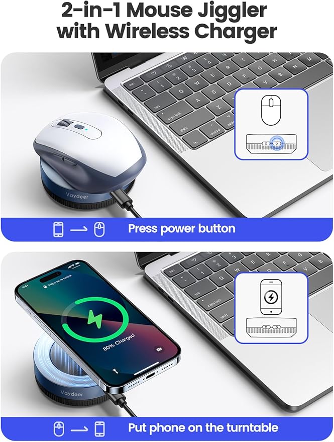Vaydeer Multiple Mouse Mover W1 Mouse jiggler＆Wireless Charger 2-in-1 Undetectable Shaker Wiggler Device Automatic Phone Charging Pad Quiet Mice Giggler Juggler to Keep PC Active