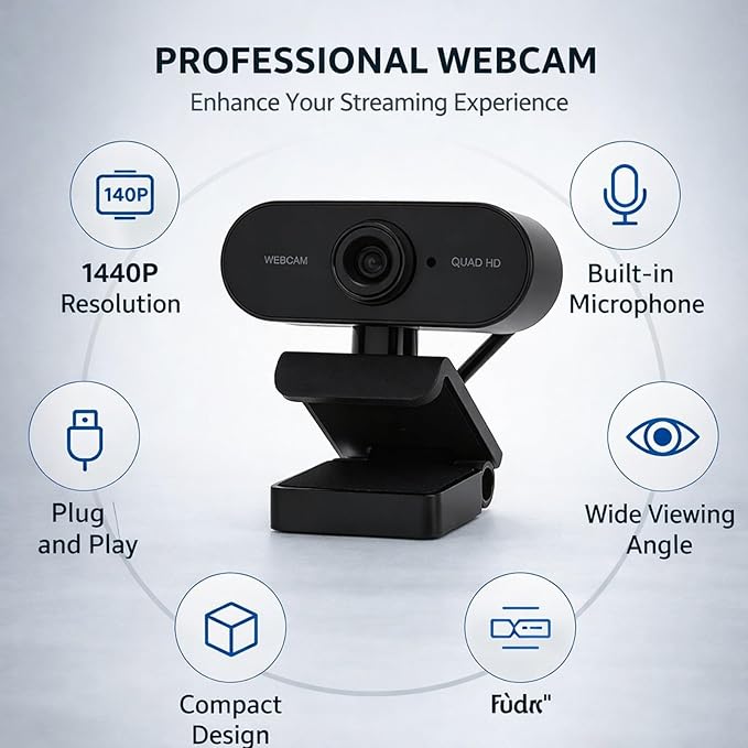 1440P Webcam with Built - in Noise Cancelling Microphone USB2.0 Interface Desktop Camera for PC and Laptop - Plug &amp Play HD Video Tripod &amp Clip Mount for Live Streaming and