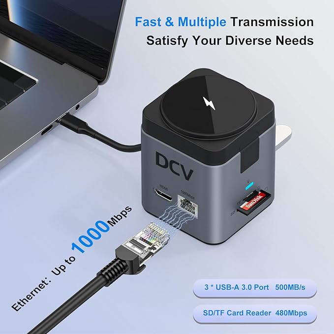 USB C Laptop Docking Station with MagSafe Charger Stand 9 in 1 USB C Hub Multiport Adapter with 4K HDMI 1Gbps Ethernet 3 USB 3.0 SD/TF Compatible with MacBook/Dell/HP/Lenovo/iPhone (Dark Gray)