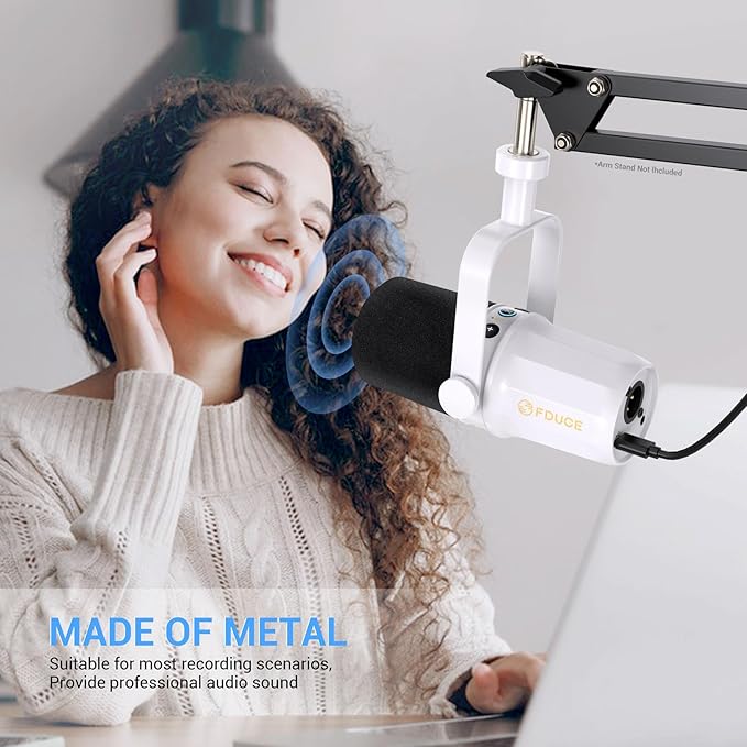 FDUCE SL40 Dynamic Microphone for Podcasting Gaming Live Streaming and Recording Built-in Headphone Output LED Mute Button All-Metal USB/XLR Voice Isolation Technology (White)