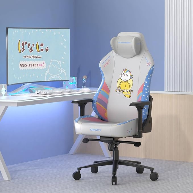 DXRacer Craft L Video Gaming Chair for Adults Ergonomic Office Reclining Computer Chair with Magnetic Head Pillow and Lumbar Support Racing Style Height Adjustable (EPU Leatherette Bananya Cat)