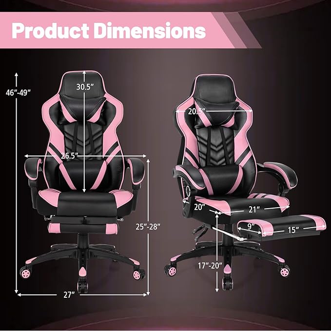 Goplus Gaming Chair Computer Chair with Footrest and Lumbar Support Height Adjustable Executive Swivel Rolling Task Chair with 90°-155° Tilt Function (Pink)