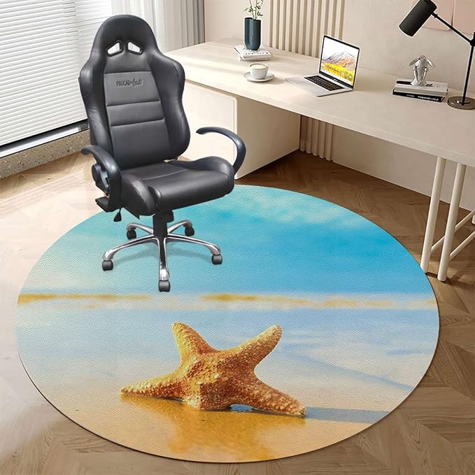 Yellow Blue PU Leather Computer Chair Mat for Rolling Chair Fish Scallop Seashell Earth Under Desk Low-Pile Office Rug Large Anti-Slip Multi-Purpose Nautical Theme Diameter 47.2 in