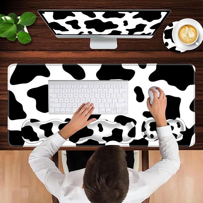 Keyboard Wrist Rest and Mouse Pad with Wrist Support Set Ergonomic CoasterMemory FoamEasy Typing Pain ReliefLarge XL Desk Mat 31.5x 11.8Cow Print