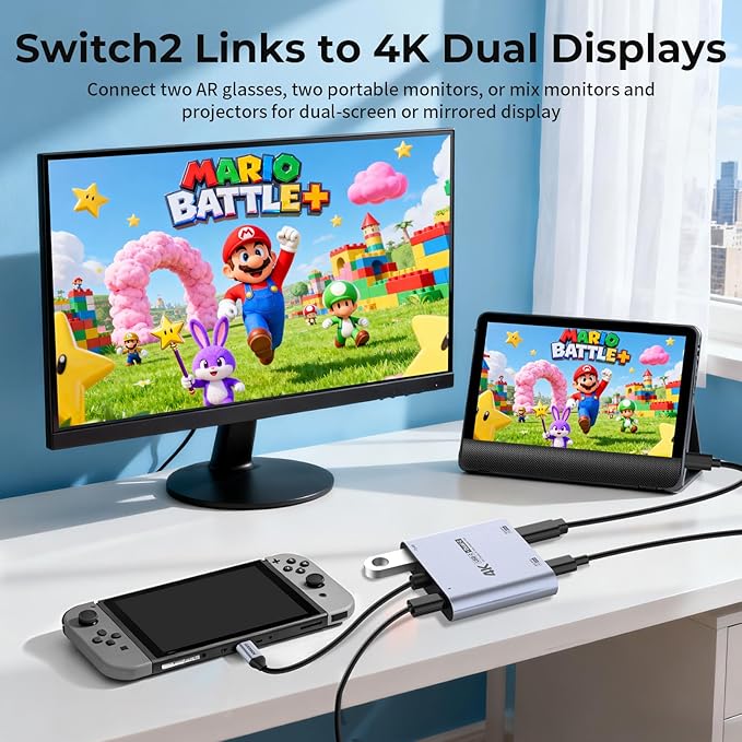 Guermok 4-in-1 Dual USB-C Display Hub 4K@60Hz Video PD 100W Fast Charging &amp USB 3.0 5Gbps Compatible with AR Glasses Switch 2 Laptops Portable Monitors &amp Type-C Displays（Silver）