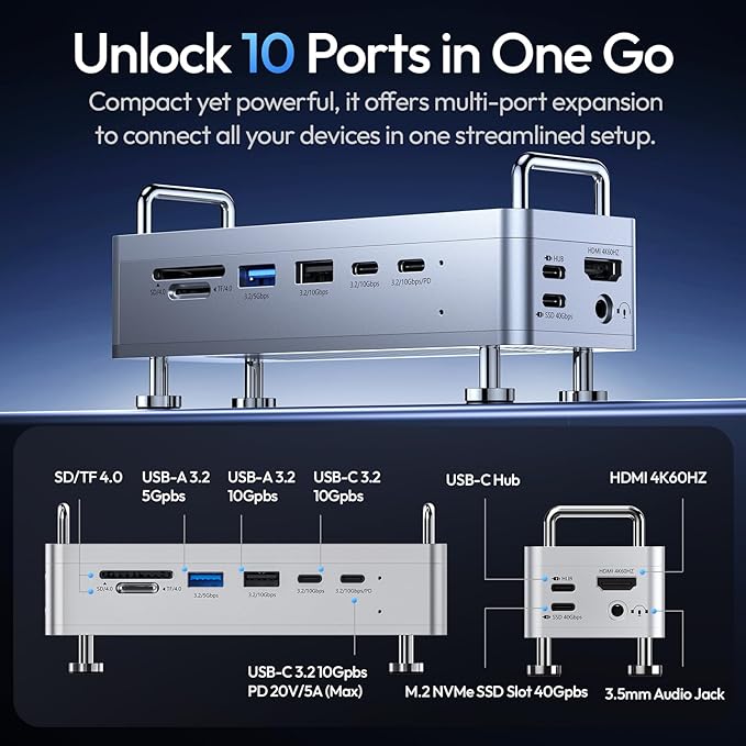 ULANZI QT03 Docking Station &amp Stand with NVME SSD Enclosure 40Gbps 10-in-1 with 10 Gbps 4 USB C-A/Audio/4K HDMI/SSD/Hub/TF/SD Port Compatible with Mac mini M4 M4 Pro/Dell/HP/Lenovo/iPhone and Mo