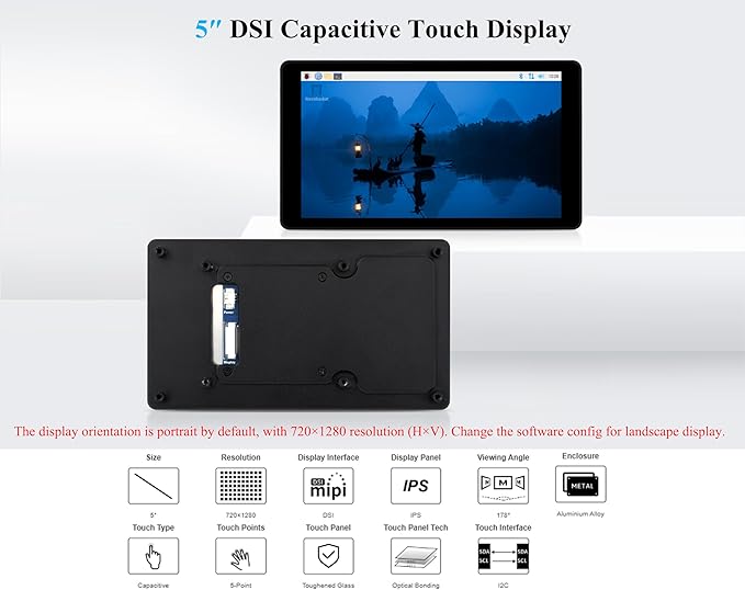 5inch DSI Capacitive Touch Screen Compatible with Raspberry Pi 5/4B/3B+/3A+/CM5/CM4 3+/ ESP32-P4 720 x 1280 IPS Display Optical Bonding Toughened Glass Panel 5-Point Touch Aluminum Alloy Case
