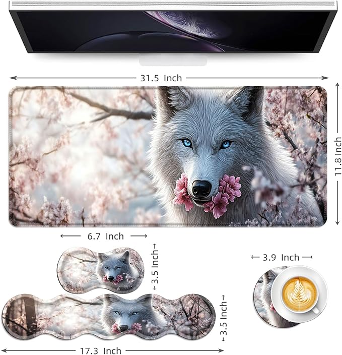 Keyboard Mouse Pad Set Extended Gaming Mouse Pad+Ergonomics Keyboard Wrist Rest Support Memory Foam Easy Typing Pain Relief 4Pcs XL Ultra Thick Desk MatWolf and Cherry Blossoms