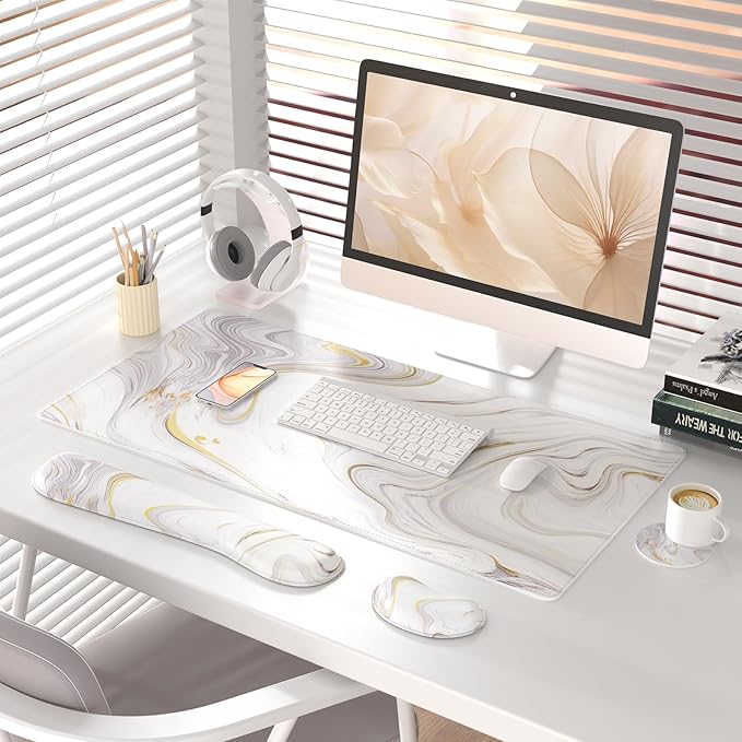 QiyI Leather Desk Mat Set 4-in-1 Large Mouse Pad with Wrist Rest Non-Slip Desk Pad + Keyboard Wrist Rest + Mouse Wrist Support + Coaster Office Desk Accessories Home Decor Supplies White Marble
