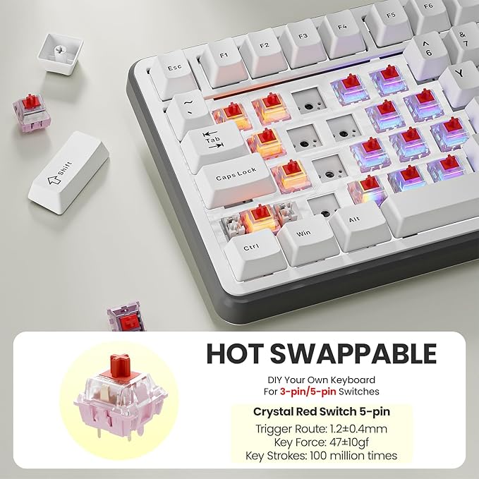 EWEADN GS75 Wireless Mechanical Keyboard ASMR 75% Gaming Keyboard Gasket Hot Swappable Custom Keyboards with RGB Knob PBT Keycaps BT5.0/2.4G/USB-C Creamy Keyboards White