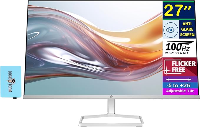 HP Series 5 527sw 27 FHD IPS Monitor with 5ms Response Time Anti-Glare Flicker Free Low Blue Light VGA HDMI &amp Dockztorm USB Port Expander White/Silver Color (94F46AA#ABA)