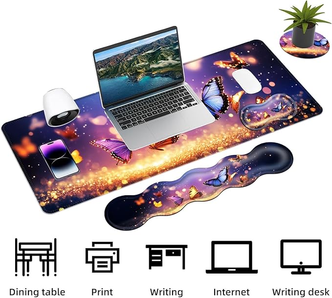 Keyboard Mouse Pad Set Extended Gaming Mouse Pad+Ergonomics Keyboard Wrist Rest Support Memory Foam Easy Typing Pain Relief 4Pcs XL Ultra Thick Desk MatMagical Butterflies