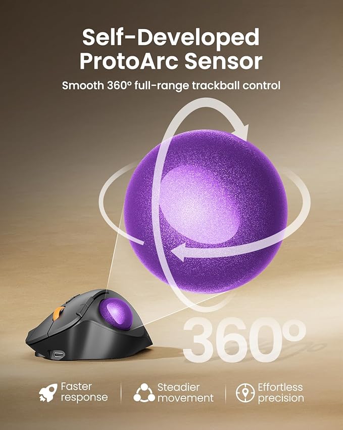 ProtoArc Wireless Bluetooth Trackball Mouse EM02 Two Adjustable Angle Ergonomic Rechargeable Computer Ball Mouse 3 Device Connection Thumb Control and Smooth Tracking for Laptop PC Mac-Purple