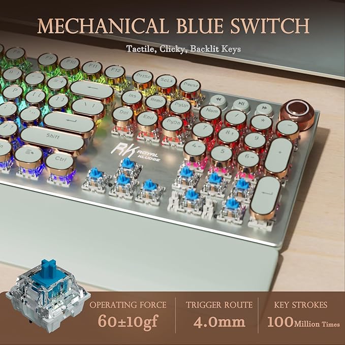 RK ROYAL KLUDGE X108 Typewriter Style Mechanical Keyboard Wired Gaming Keyboard 108 Keys RGB Backlit Sidelight Detachable Wrist Rest Volume Knob Retro Round Keycaps Blue Switches - Green
