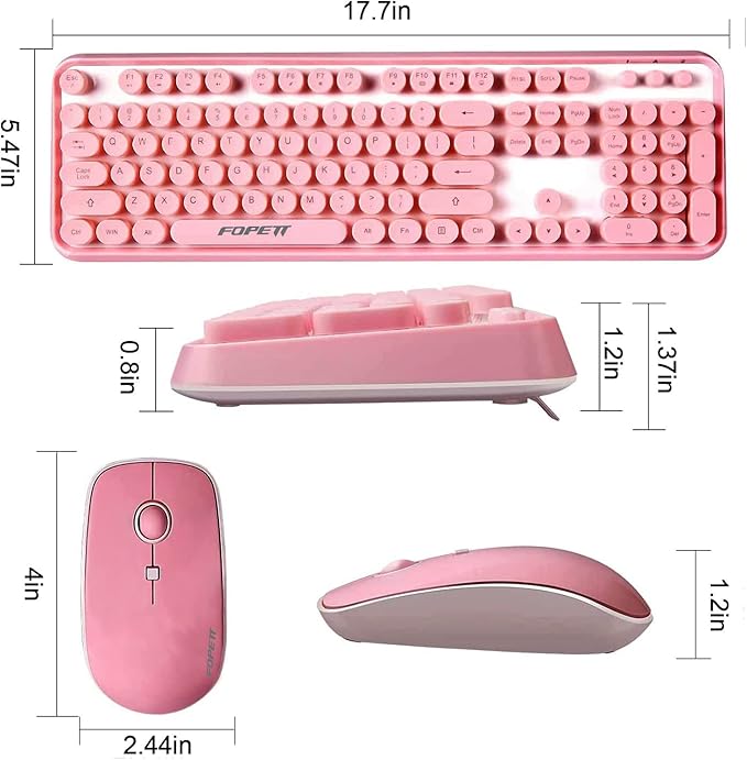 FOPETT Keyboard and Mouse Sets Wireless Reliable 2.4 GHz Connectivity for PCLaptopSmart TV and More (Pink)