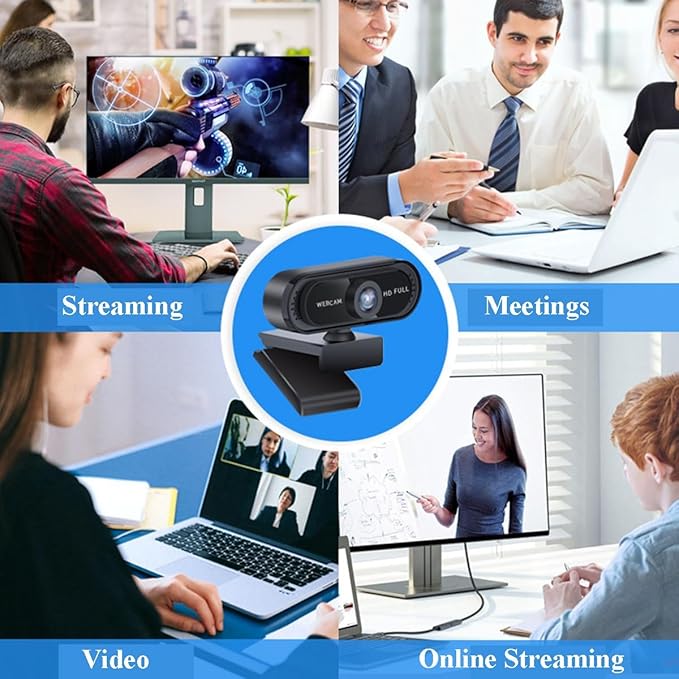 GIZNXBA 1080p Webcam with Microphone Clear Stereo Audio HD Light Correction Wide-Angle Lens Privacy Cover Wide Field of View for Pc Streaming(Black A)