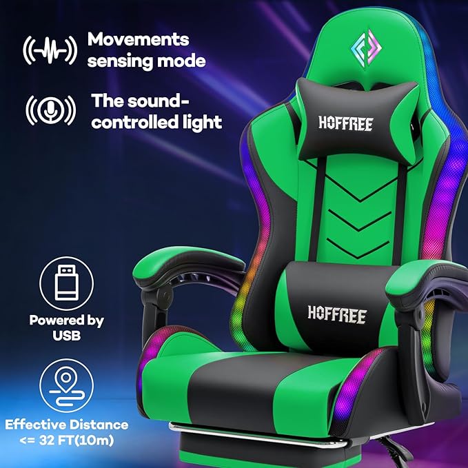 HOFFREE RGB Gaming Chair with Rhythm LED Lights and Speakers Massage Computer Chair with Footrest Music Video Game Chair High Back with Lumbar Support Green