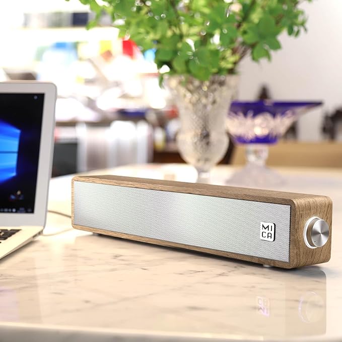 MICA Computer Speakers Vintage Wired Computer Sound Bar Retro Wooden Mini Soundbar 3.5mm Aux Connection USB Powered PC Speakers for Desktop Monitor Laptop Tablets (Yellow)