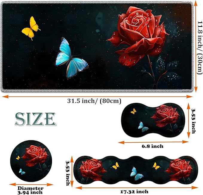 Large Gaming Mouse Pad + Keyboard Wrist Rest + Wrist Support + Coaster Set Memory Foam Ergonomic for Easy Typing XXL Extended Gaming Mouse Pad Table Pad - Starry Red Rose