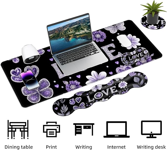 Keyboard Mouse Pad Set Extended Gaming Mouse Pad+Ergonomics Keyboard Wrist Rest Support Memory Foam Easy Typing Pain Relief 4Pcs XL Ultra Thick Desk MatGlitter Love Butterflies Flowers