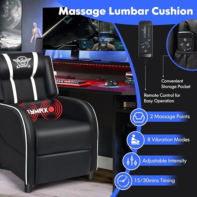 GYMAX Gaming Recliner Massage Gaming Chair with Adjustable Backrest Footrest Remote Control &amp Side Pocket Ergonomic Game Lounge Chair Racing Style Single Theater Seat Game Sofa for Adults (Whi