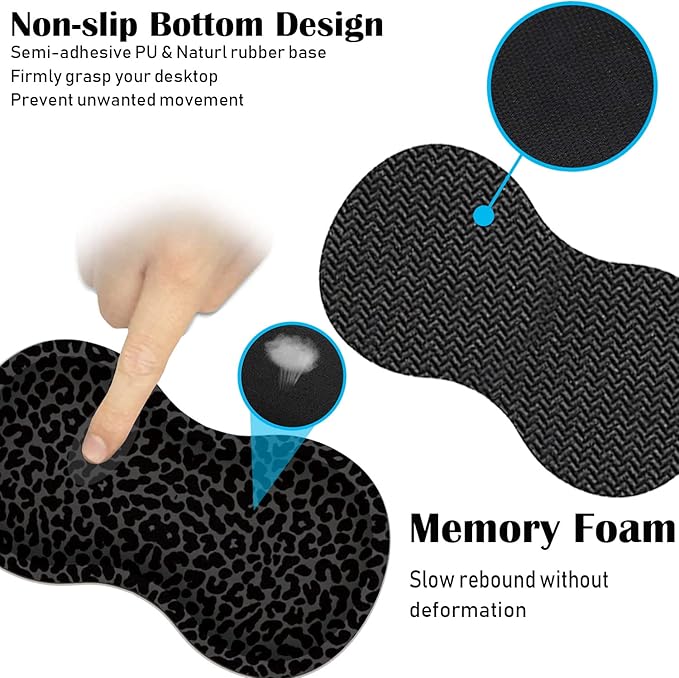 Large Game Mouse Pad + Wrist Support Pad + Coffee Coaster Black Leopard Print Foldable Table Mat with Stitched Edge Non-Slip Set Pad Suitable for Office Work and Home
