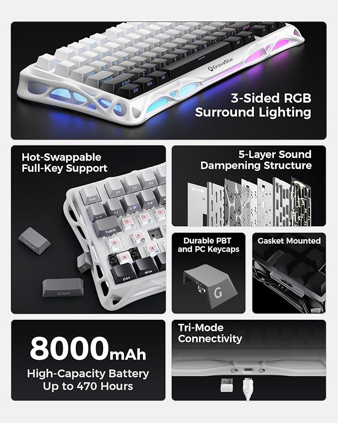 GravaStar Mercury K1 75% Wireless Mechanical Gaming Keyboard Aluminum Alloy Exoskeleton Design Gasket Custom Keyboard Hot-Swap Socket Linear Switches RGB Backlit