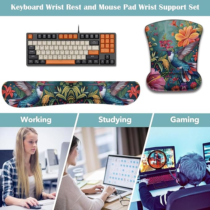 Mouse Wrist Rest and Keyboard Wrist Rest Pad+ Coaster Set Non-Slip Rubber Base Smooth Surface Ergonomic Gaming Mouse Pad for Easy Typing and Pain Relief Flowers and Hummingbirds