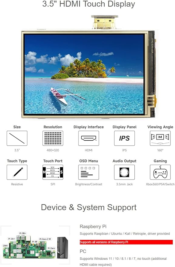 Waveshare 3.5inch Resistive Touch Screen LCD Compatible with Raspberry Pi 5/4B/3B/Zero/Zero W/Zero 2W/Pico/Pico W/Pico WH 480×320 HDMI IPS Supports Windows 11/10 / 8.1/8 / 7