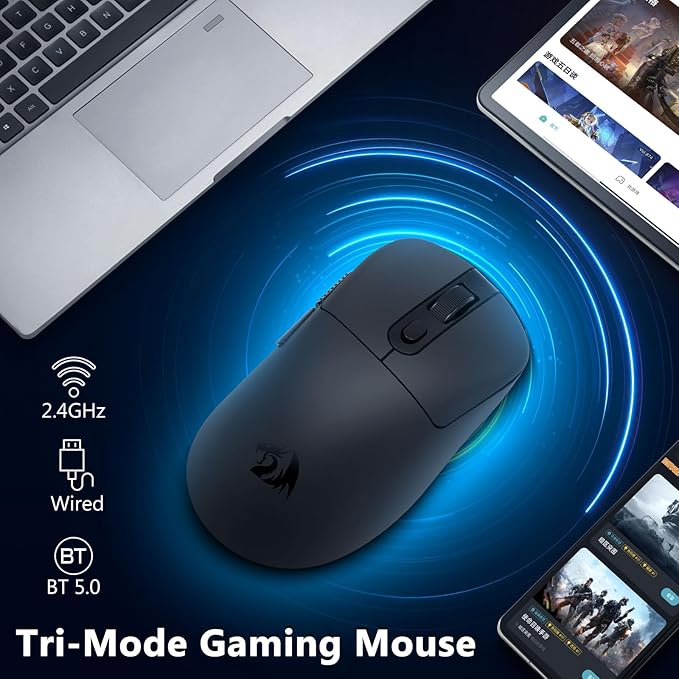 Redragon Wireless Gaming Mouse 58g Lightweight 12000 DPI Tri-Mode 2.4G/Bluetooth/USB-C PAW3311 Sensor 75Hr Battery Mice with 6 Programmable Buttons for PC/Mac (Black)