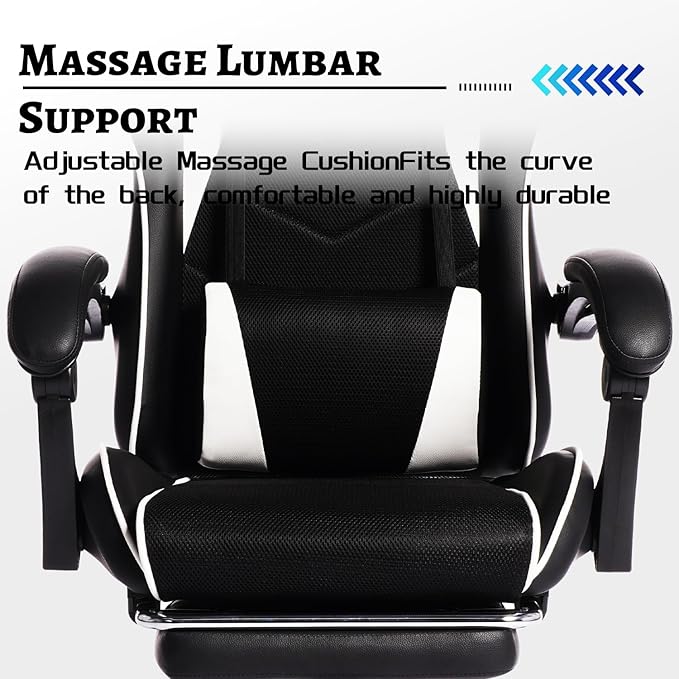 Gaming Chair Computer Chair with Footrest HeadrestLumbar Support and Ergonomic Adjustable Design for Office or Gaming (White)