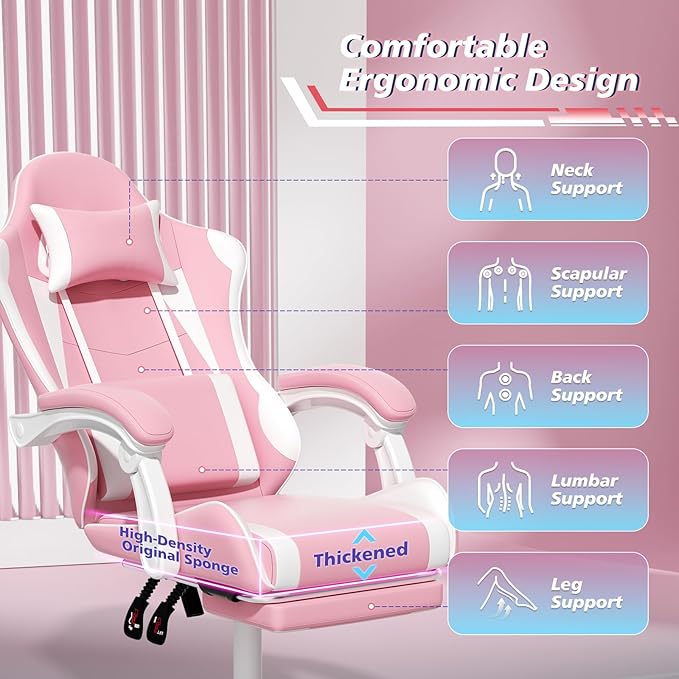 Magshion Gaming Chair for Adults Ergonomic Computer Chair with Linkage Armrests Height Adjustable Gamer Chair with Footrest and Headrest for Home Office 350 Lbs Capacity Pink/White