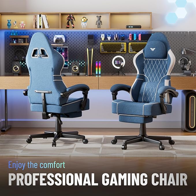 Ferghana Breathable Fabric Ergonomic Gaming Chair with Footrest and Linkage Armrest High Back Computer Game Chair with Massage Lumbar Support for Adult(Blue)