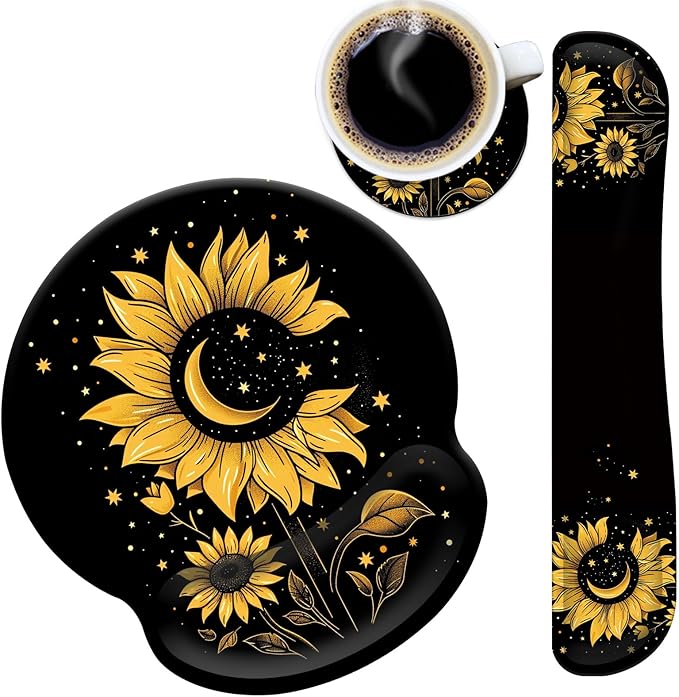 Mouse Pad Wrist Support and Keyboard Wrist Rest Pad with CoasterNon-Slip Rubber Base Ergonomic Gaming Mousepad for Home Office Working Studying Easy Typing &amp Pain ReliefSunflower Moon Star