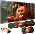 Large Gaming Mouse Pad + Keyboard Wrist Rest + Wrist Support + Coaster Set Memory Foam Ergonomic for Easy Typing XXL Extended Gaming Mouse Pad Table Pad - Pumpkin Cat