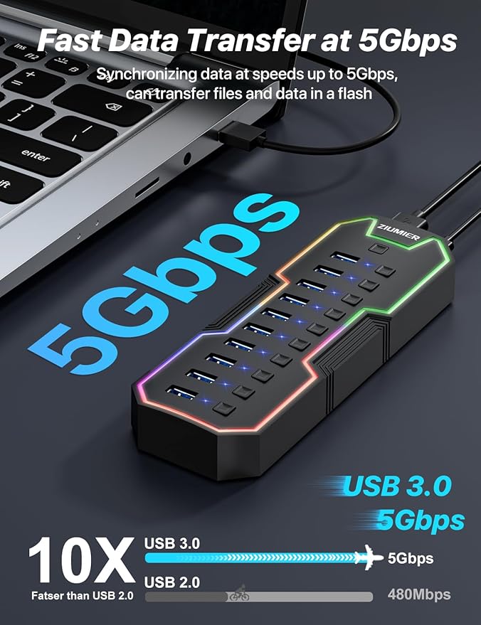 ZIUMIER Powered USB Hub 10 Ports USB 3.0 Hub with RGB LED Strip and 12V/2A Power Adapter USB ExtensionIndividual LED On/Off Switches for Mac PC Desktop Flash Drive Mobile HDD