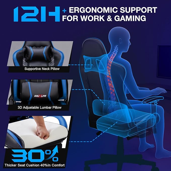 Douxlife 7-Point Massage Gaming Chair with Footrest 400lbs Heavy Duty Ergonomic Computer Chair 175° Reclining High Back Racing Seat for Adults with Adjustable Armrests &amp Lumbar Support Blue