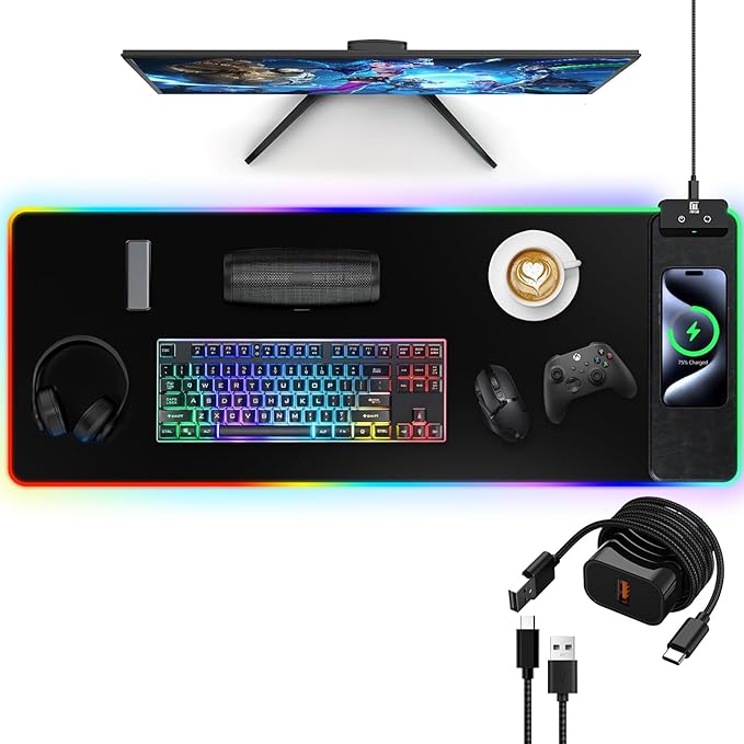 Mouse Pad with Wireless Charging Large Desk Mat RGB Gaming Mousepad 10 Light Colors LED Gaming Pad Keyboard Pad with Ultra-Smooth Surface &amp Non-Slip Rubber Base Waterproof Full Desk Mouse Pad