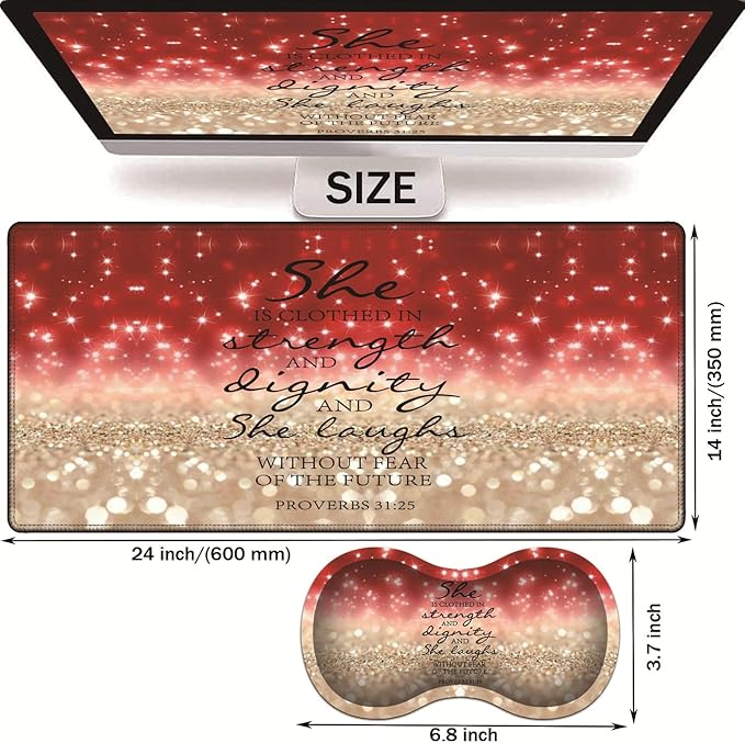 TCG Gaming Pad + Wrist Pad Set MTG Play Mat Office Mouse Pad 24 x 14 Table Mat Edge Stitched Non-Slip Base - Red Glitter Quote Proverbs 31-25