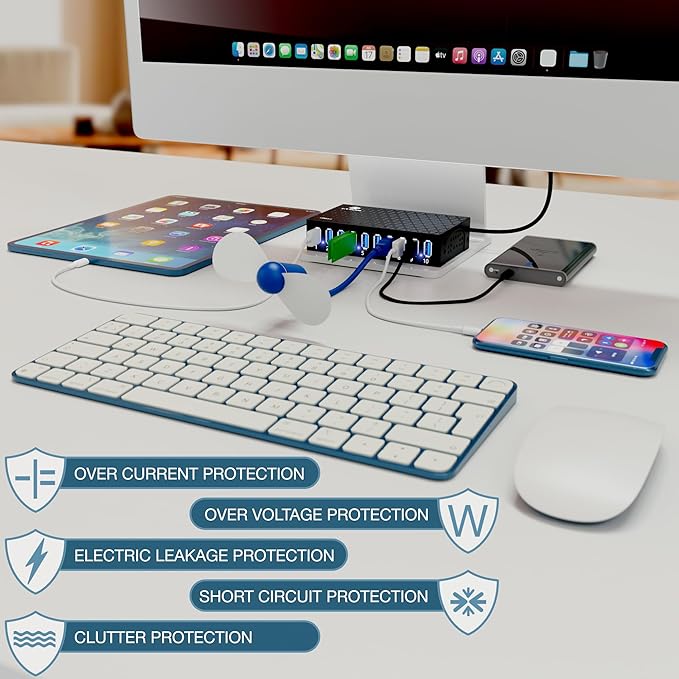 10 Ports USB Hub 3.0 Powered Aluminium - USB Hub Charger - Multiple Port - USB Splitter Hub with Power Adapter 12V/5A/60W - for Laptop PCFlash Drives HDDHard DriveMouseXPSXboxKeyboard