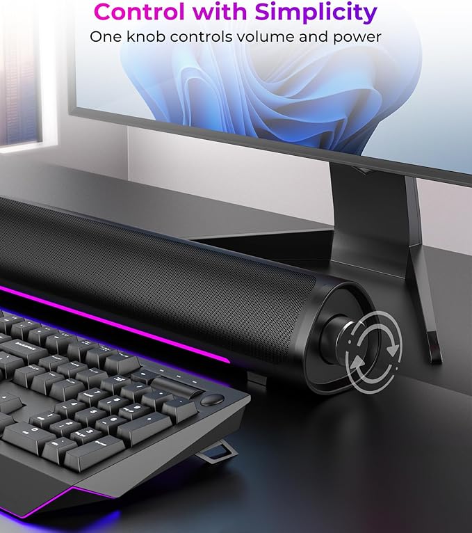 Computer Speakers for Desktop PC Gaming PC Sound Bar Plug and Play - USB Power with 3.5mm Audio RGB Gradient Lighting One-knob Control for Computers/Laptops/Monitors