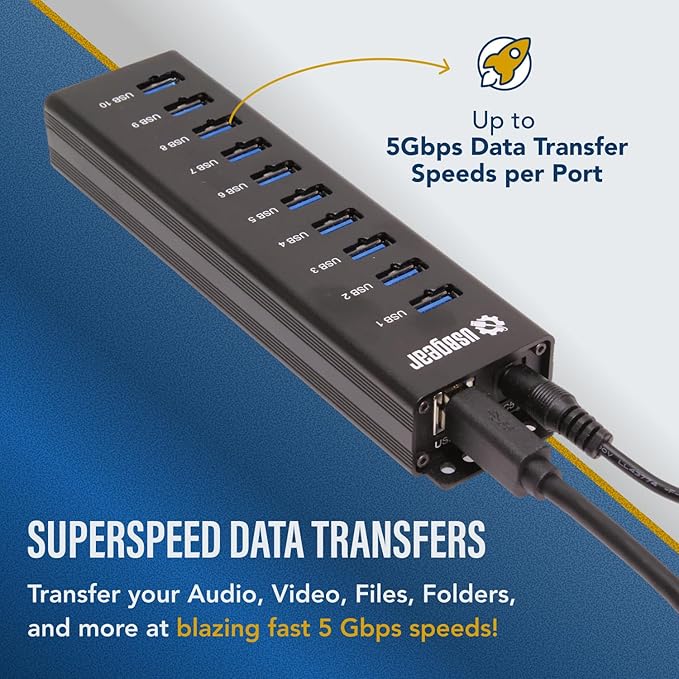 USBGear 10-Port USB Hub 3.2 Gen 1 – Mountable SuperSpeed Data Hub with USB Ports for Laptop PC Desktop and More 5V/4A Power Adapter with Type-A to Type-B Cable (3ft) Computer Accessories
