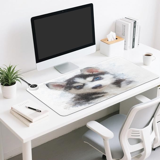 Husky Puppy White Black Print Heated Mouse Pad Large Non-Slip PU Leather Desk Mat with 3 Heating Levels &amp 3 Hours Auto Shut-Off for Home Winter Office