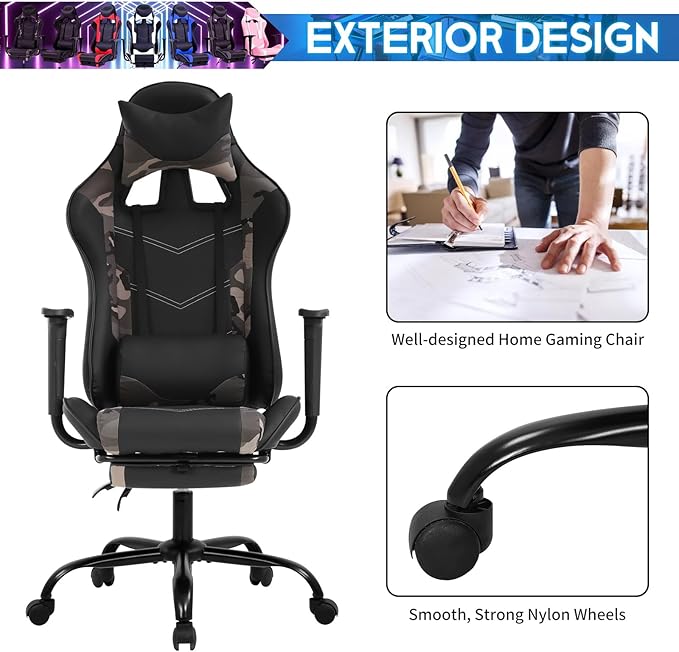BLKMTY Gaming Chair with Footrest Ergonomic Office Racing Computer Chair with PU Leather High Back Lumbar Support Headrest Adjustable Height Reclining Chairs Camo