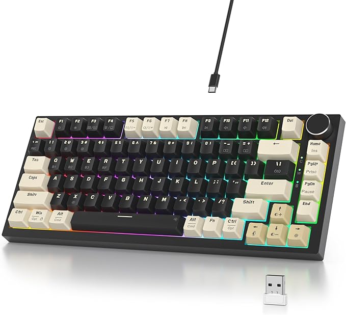 400PRO 75% Wireless Creamy Mechanical Keyboard Black Gasket Hot Swappable RGB Gaming Keyboard Bluetooth/2.4GHz/USB-C Thocky Keyboard with Pre-lubed Cream Grey Switches (82 Black)
