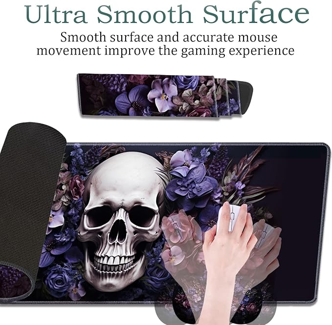 Large Gaming Mouse Pad + Wrist Rest + Lace Coaster Non-Slip Set with Sewn Edges and Waterproof Expandable Desktop Pad Suitable for Office/Home Skull Purple Flower