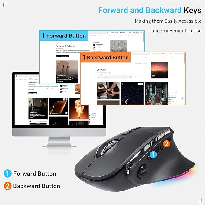 Ergonomic MouseBluetooth Vertical Wireless MouseLED Rechargeable Optical Computer Mice Portable(BT5.2 or USB 2.4GHz) Dual Mode1000/1600/2400 DPI8 Buttons for LaptopDesktopPCMacbook (grey)