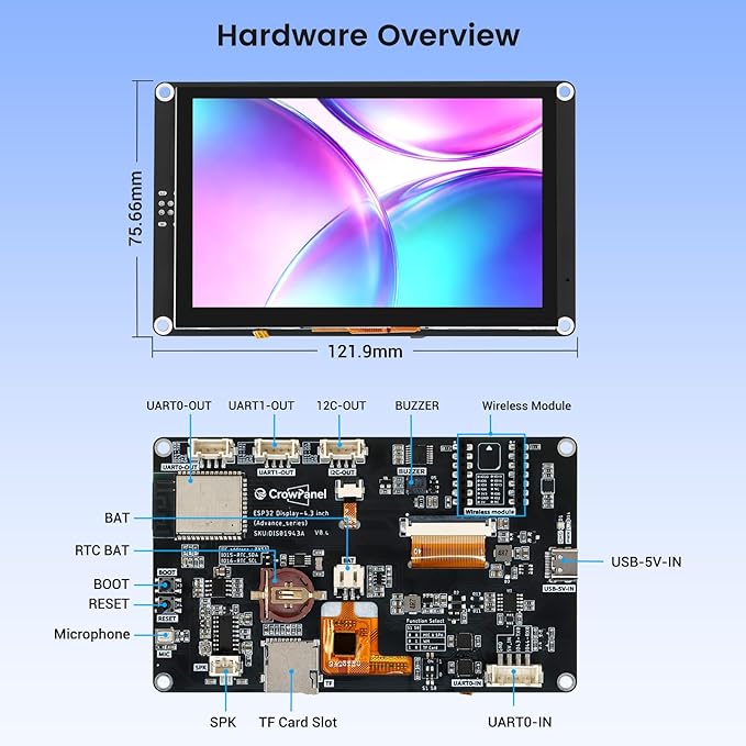 ELECROW ESP32 Display 800×480 4.3 HMI Advanced ESP32 IPS Touch Display Support AI Speech Interaction 32-Bit LX7 Dual-Core Processor Up to 240MHz Compatible with Arduino ESP-IDF and LVGL